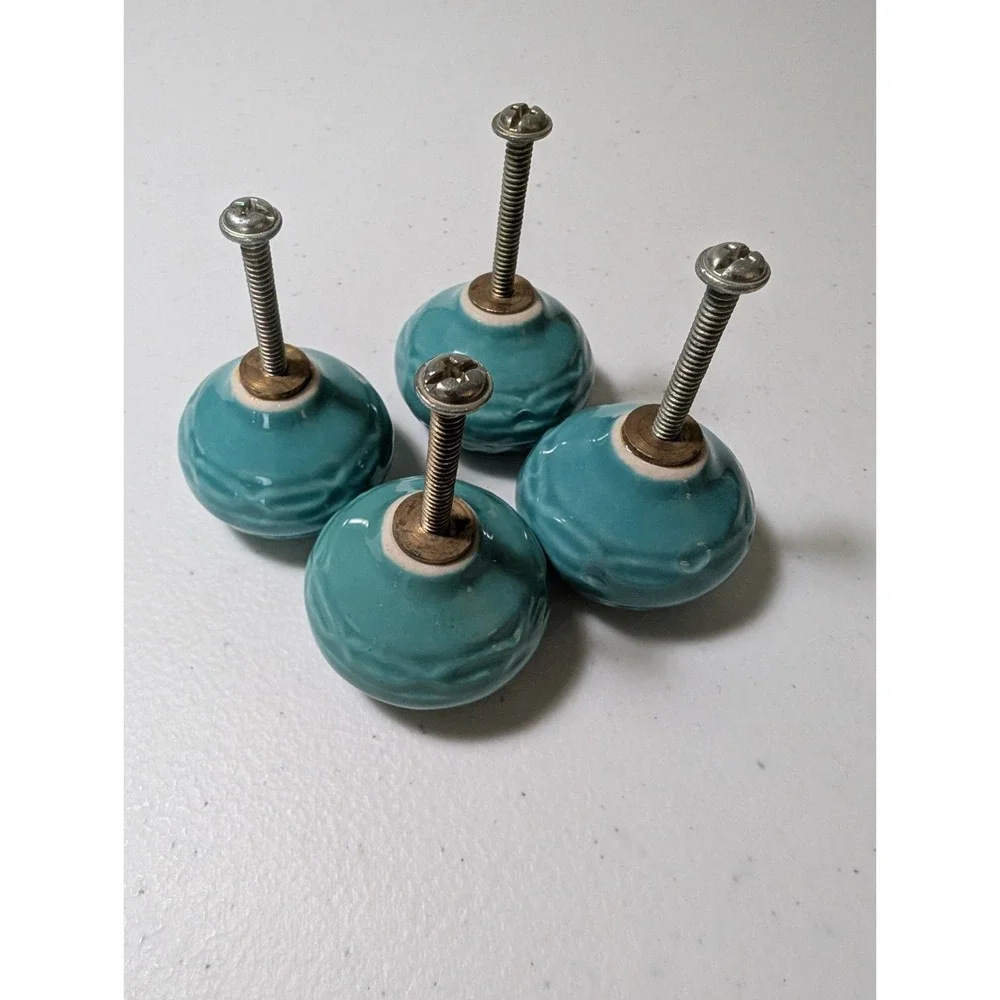 World Market Set of 4 Turquoise Teal Ceramic Drawer Knobs Fluted Cabinet Pulls